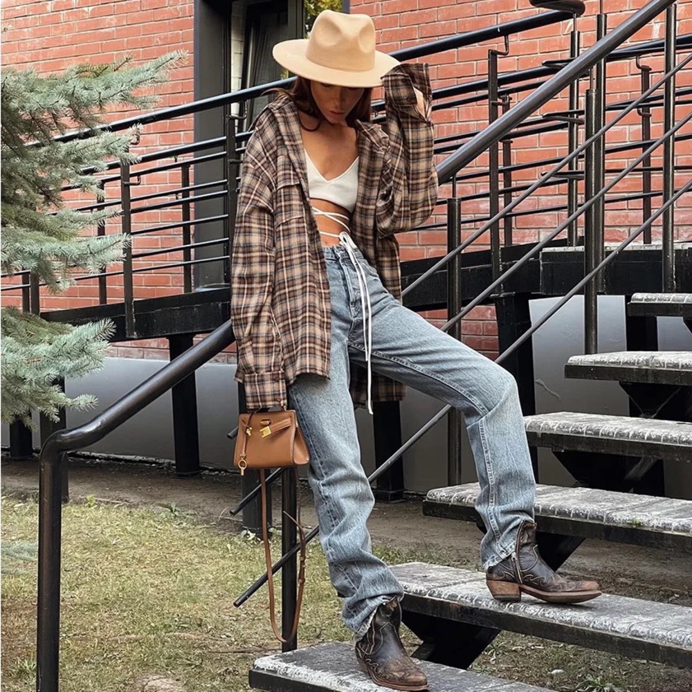 #5 LAST 1! 90s Oversized brown Plaid Flannel button Influencer soft long sleeve - Picture 4 of 9